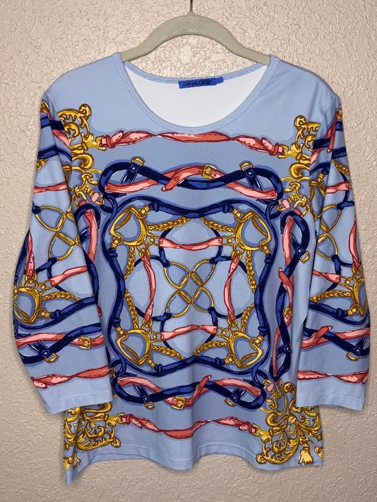 J. McLaughlin Tops - J. McLaughlin Blue Pink Gold Equestrian Print Catalina Cloth Top Women's Size L